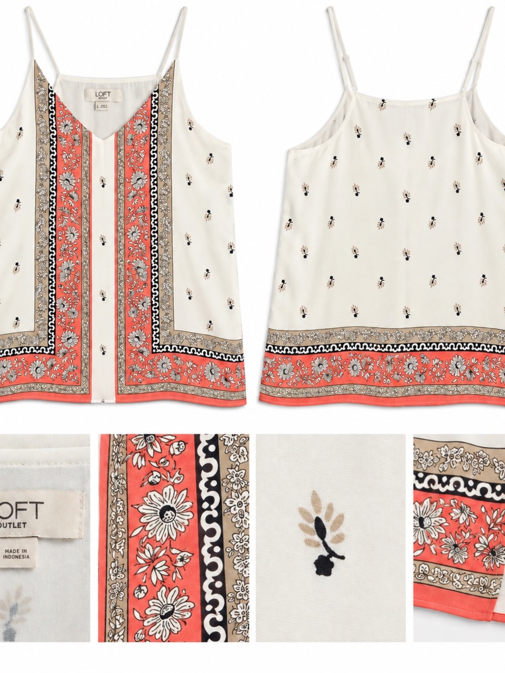 LOFT Outlet Women’s Large Floral Border Print Cami Tank Top Ivory Coral Black